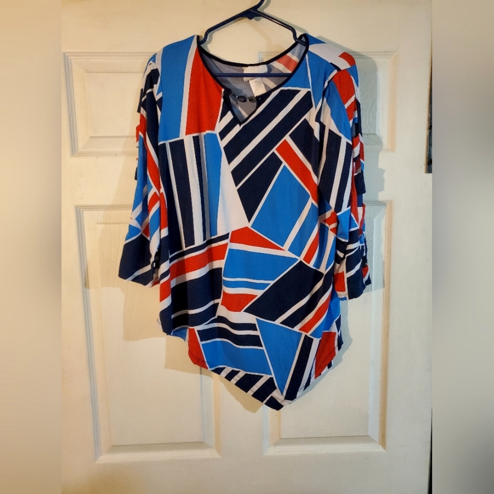 Geometric Blouse - Blue, Red, White